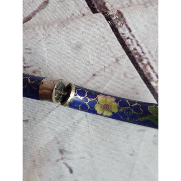 Set 2 Cloisonne Bracelet Bangle Hinged 2.5" Cobalt Blue Flowers Vintage Enamel - Picture 7 of 7